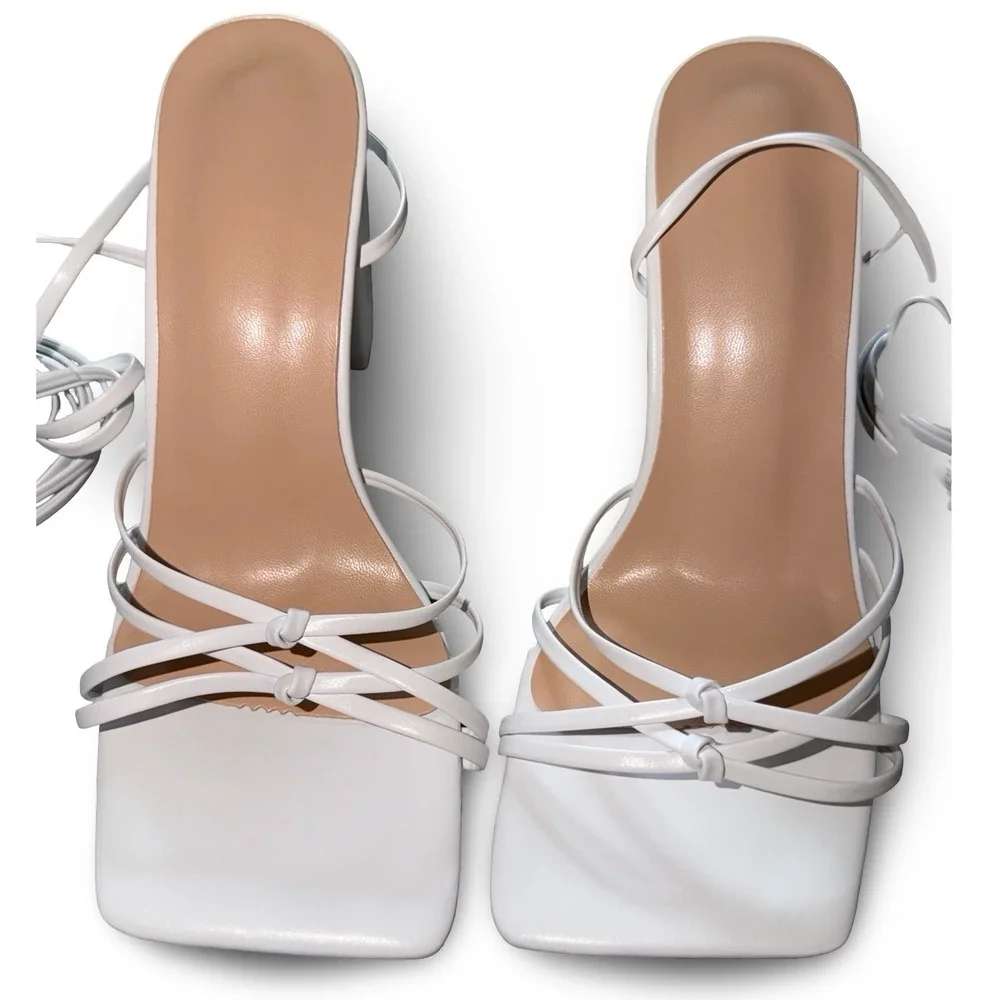 White Strappy Lace Up Block Heel Sandals Square Toe Knot Detail EUR 38 US 7.5 - Picture 6 of 12
